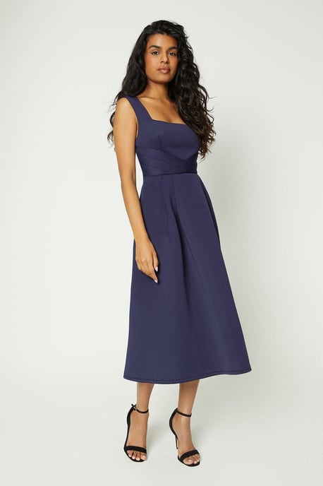 Petite Scuba Pleated Bodice Full Skirt Midi Dress