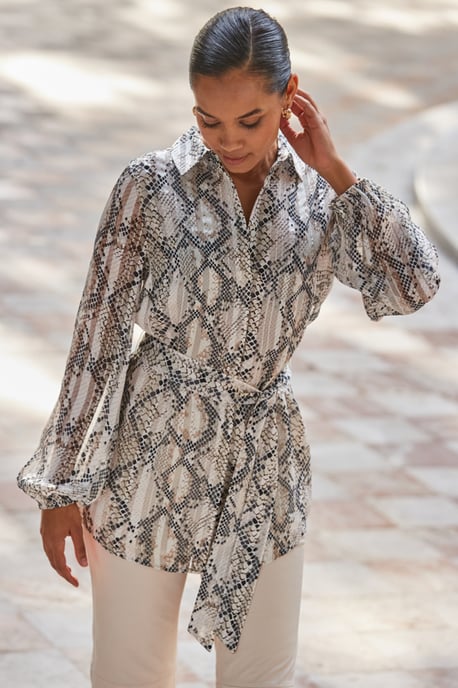 Snake Print Relaxed Fit Belted Longline Shirt