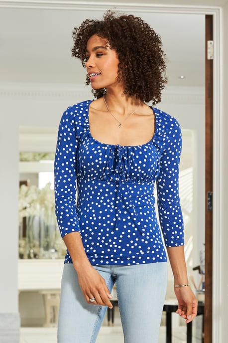 Blue & White Spot Print Ruched Neck Jersey Top