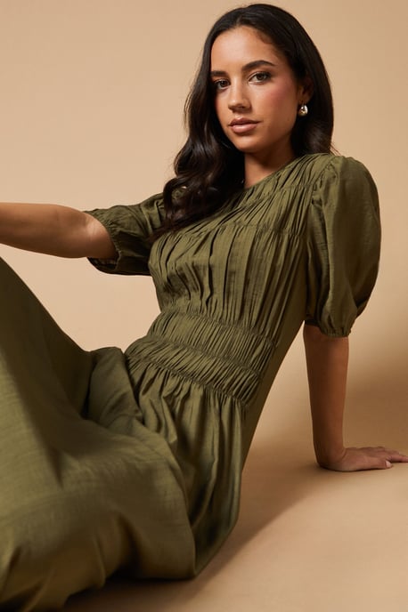 Shirred Bodice Puff Sleeve Midi Dress