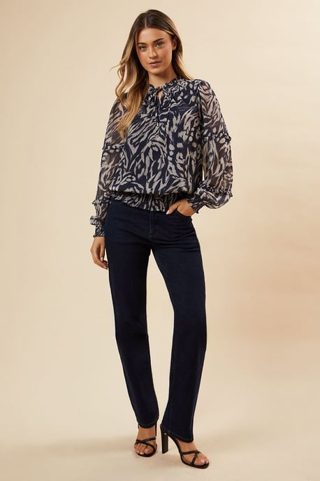 Navy Animal Chiffon Ruffle Sleeve Shirred Hem Blouse