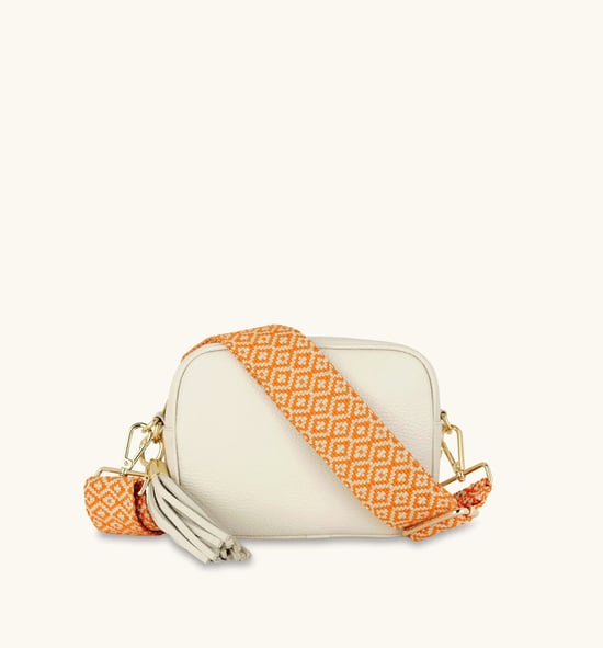 Stone Leather Crossbody Bag With Orange Cross-Stitch Strap