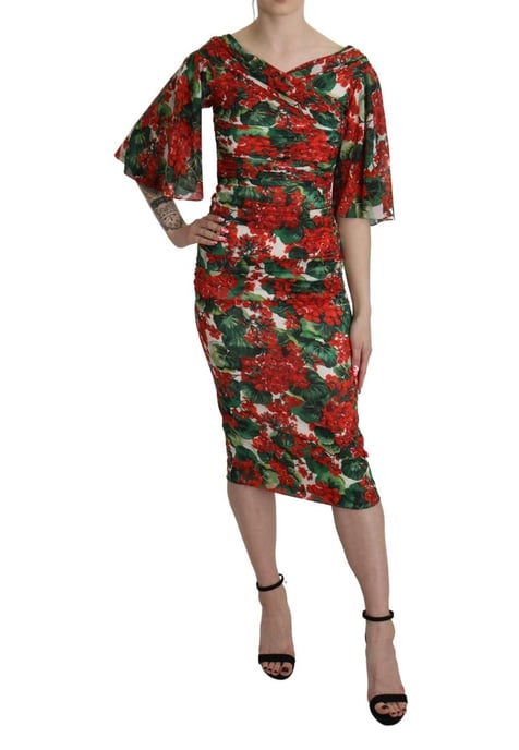Dolce & Gabbana Damen Rotes Blumenkleid aus Seide mit Stretch-Midi-Schnitt - Image 2