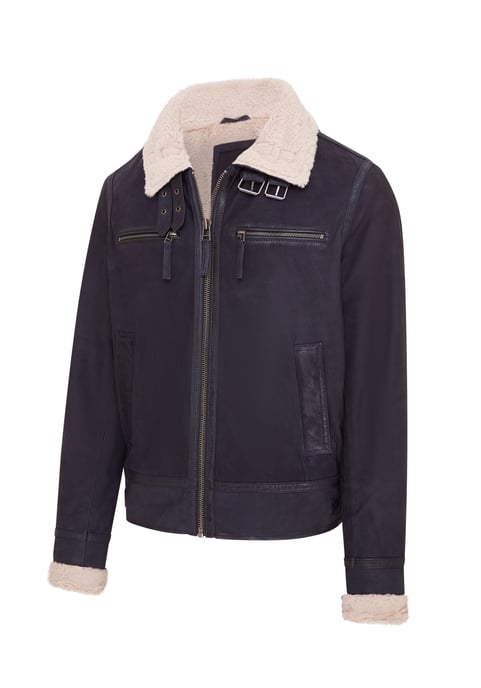 Mens Blue Real Sheep Suede Bomber Aviator Jacket - Sandnes
