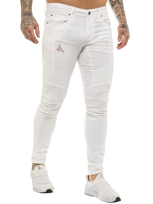 Enzo | Herren Skinny Stretch Biker Denim Jeans - Weiß - Image 3