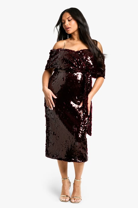 Plus Premium Sequin Off The Shoulder Midi Dress