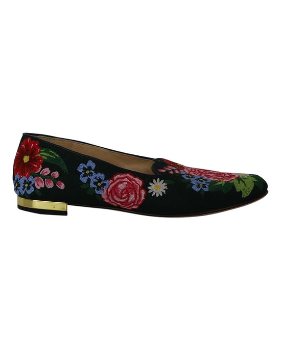 Charlotte Olympia Rosen Garten Floral Bestickte Ballerinas aus grünem Stoff - Image 1