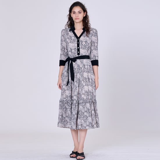 Bi material printed blouse-dress
