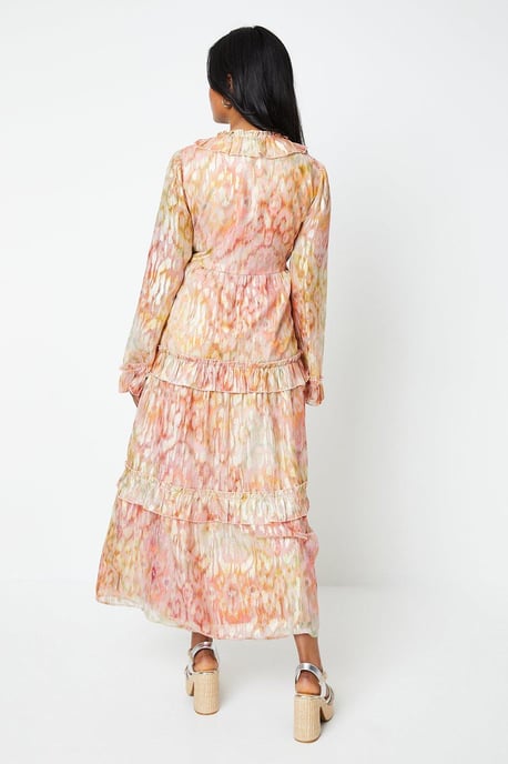 Ikat Print Ruffle Metallic Jacquard Midaxi Dress
