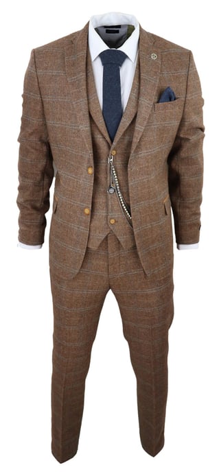 Herren 3-teiliger Wollanzug Eichenbraun Tweed Fischgrätenmuster Peaky Blinders Gatsby - Image 2