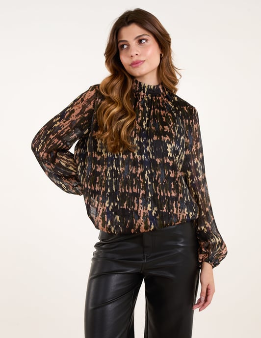 High Neck Abstract Cuff Sleeve Blouse
