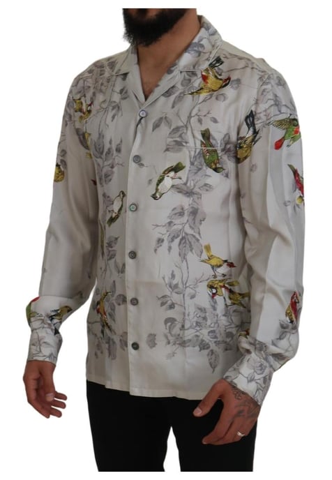 Dolce & Gabbana Herren Hemd aus weißem Seiden-Satin mit Vogelprint - Image 5