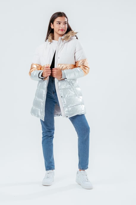 Hype Longline Metallic Panel Kids Puffer Jacket With Fur Hood