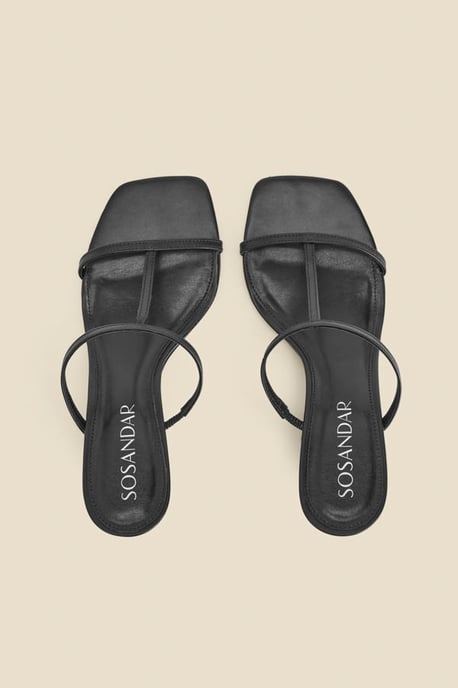 Black Leather Square Toe Strappy Wedged Mules