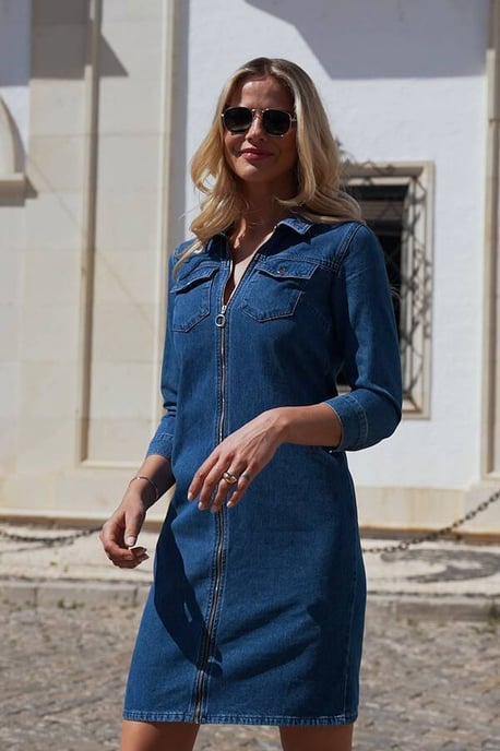 Indigo Blue Zip Front Denim Shift Dress