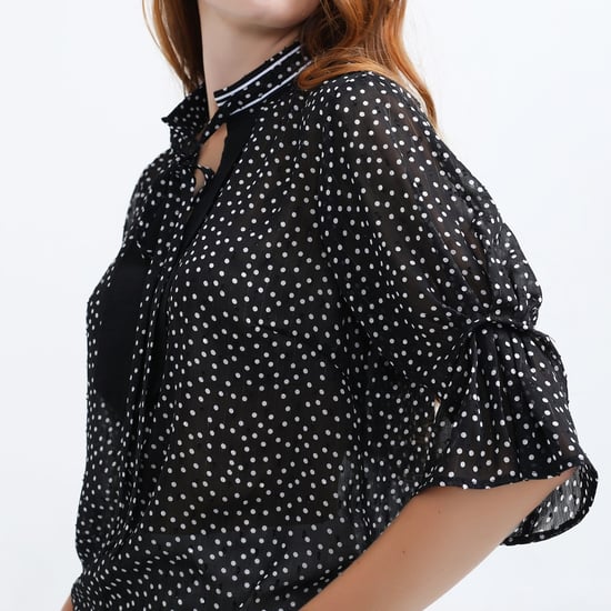 Polka Dots Tulip Sleeves Chiffon Blouse