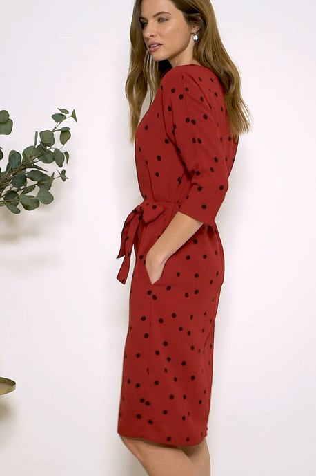 Red & Black Spot Print Belted Shift Dress