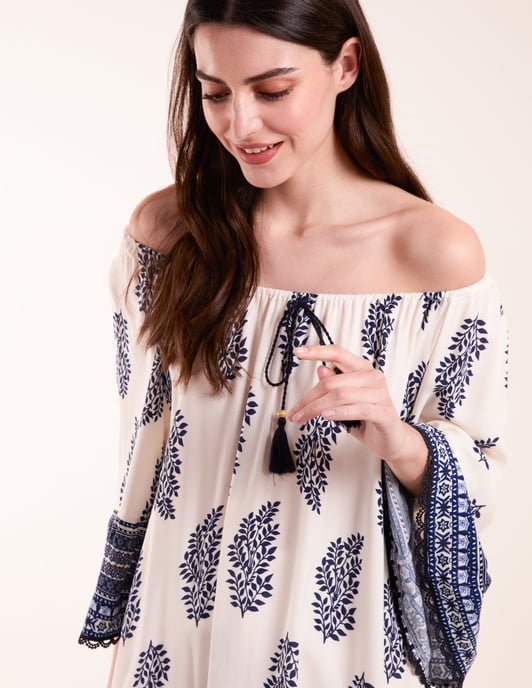 Mix Print Bardot Blouse With Tassel