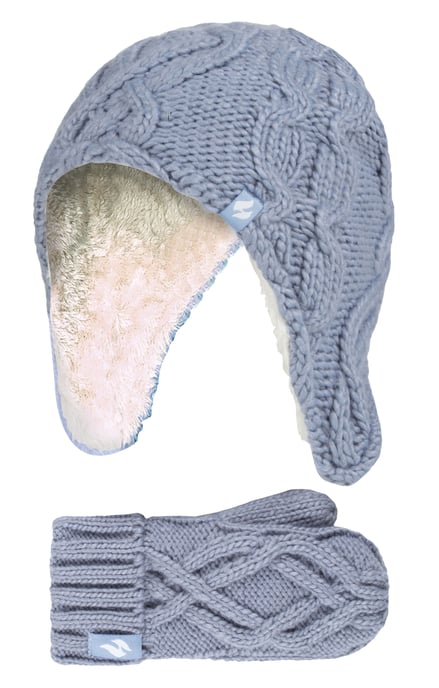 Wärmehalter - Mädchen Majestic Soft Cosy Kabel gestrickt Design Bobble Trapper Hut und Handschuhe Handschuhe Set - Dusty Blue - Image 1