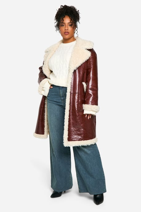 Plus Faux Leather Teddy Trim Longline Aviator Jacket - Image 1