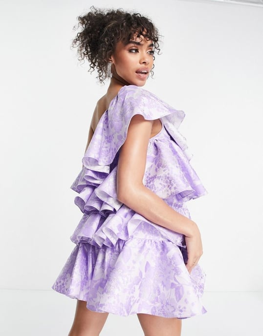 ASOS LUXE super ruffle one shoulder jacquard mini dress in lilac-Purple
