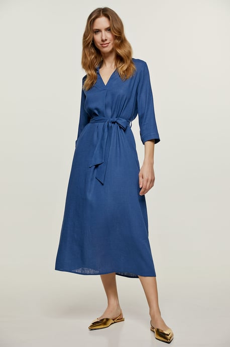 Blaues Midikleid im Leinenstil mit Gürtel - Image 1