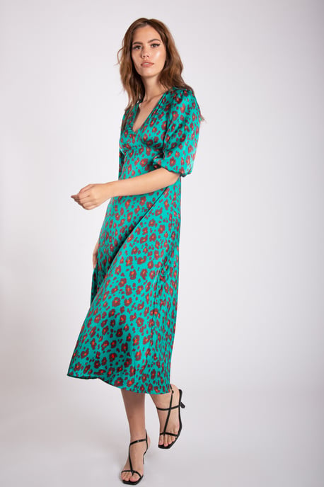 Grünes V-Ausschnitt-Shift-Midikleid mit Tiermuster - Image 2
