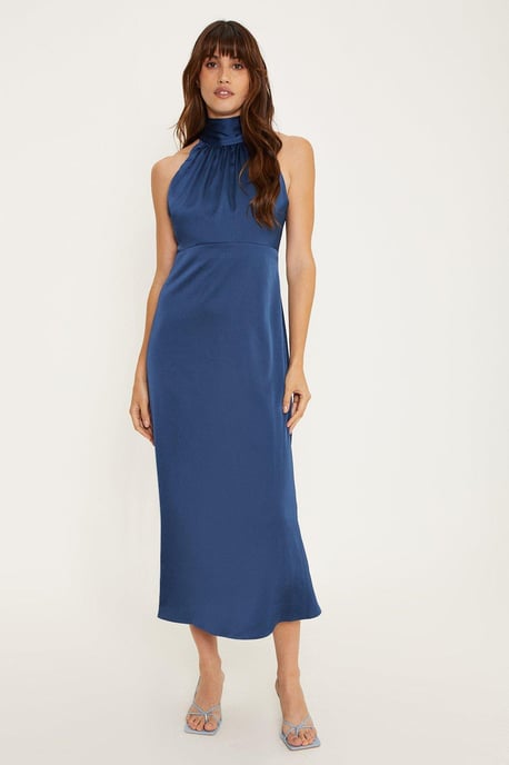 Satin Halter Neck Midi Bridesmaids Dress - Image 1