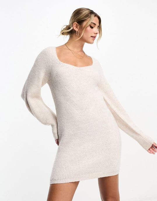 Miss Selfridge sweetheart neck balloon sleeve knit mini dress in oatmeal-Neutral
