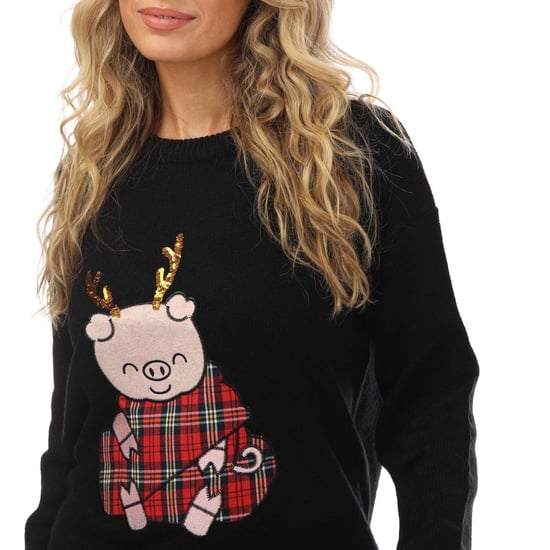 Women's Brave Soul Pig Christmas Jumper in Black