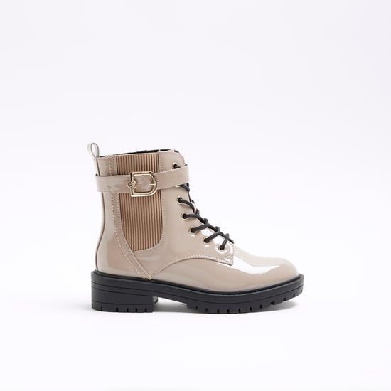 River Island Womens Boots Beige Wide Fit Patent Buckle