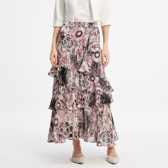 Langer Chiffon-Rock mit Rüschen und Blumendruck - Image 1