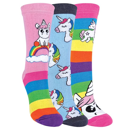 Childrens Mädchen 3 Pack mythische Einhorn gestreift Regenbogen Thema Socken - Image 1