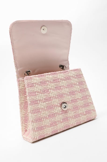Pink Check Print Boucle Pearl Handle Bag