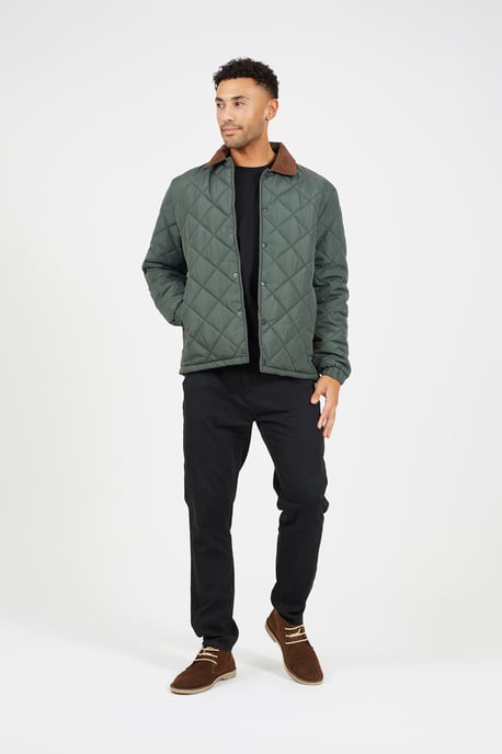 Khaki Quilted Coach Jacket With Cord Collar