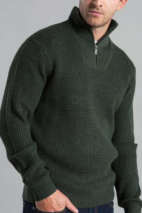 Olive Waffle Knit Jumper With 1/4 Zip Funnel Neck