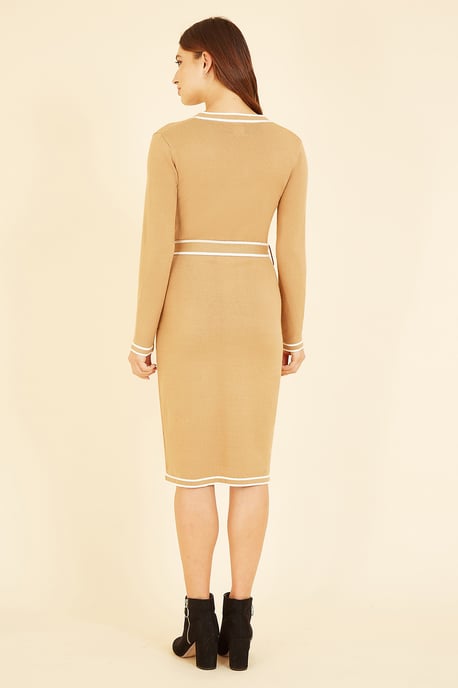 Camel Knitted Shirt Dress With Contrast Border