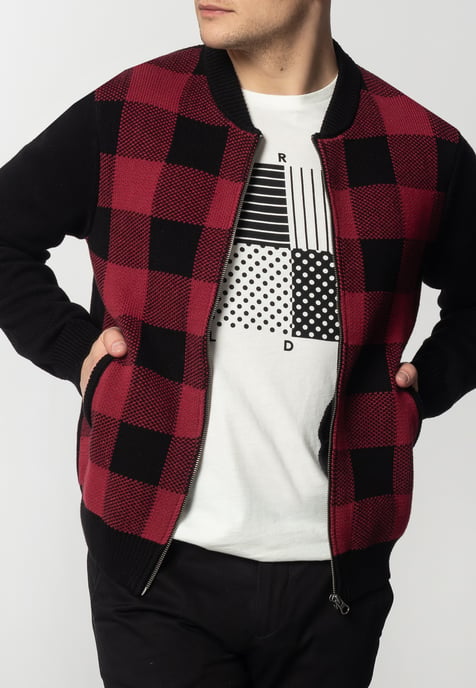 Apollo Mens Chunky Cotton Cardigan With Large Check Pattern In Black/Red
