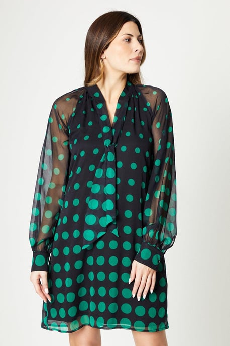 Spot Border Balloon Sleeve Shift Dress