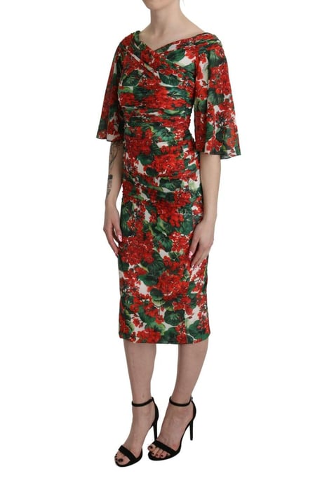 Dolce & Gabbana Damen Rotes Blumenkleid aus Seide mit Stretch-Midi-Schnitt - Image 1
