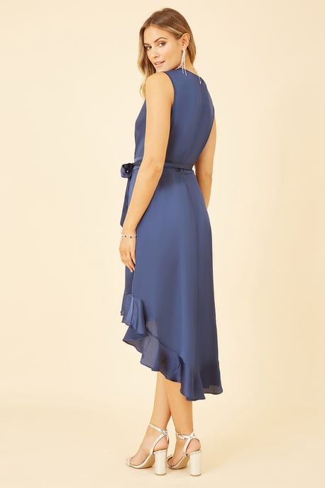 Mela Navy Satin Dipped Hem Wrap Over Midi Dress