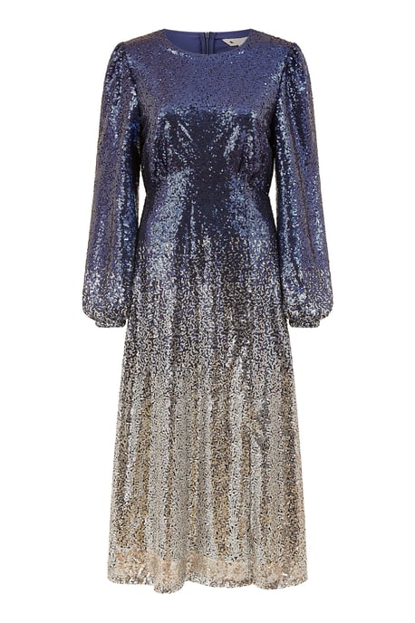 Navy and Silver Sequin Ombre Long Sleeve Midi Dress
