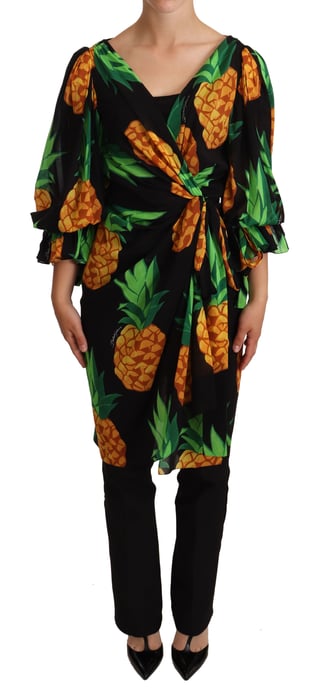 Dolce & Gabbana Damen Schwarzes Ananas-Print Wickelkleid aus Stretch-Seide - Image 1
