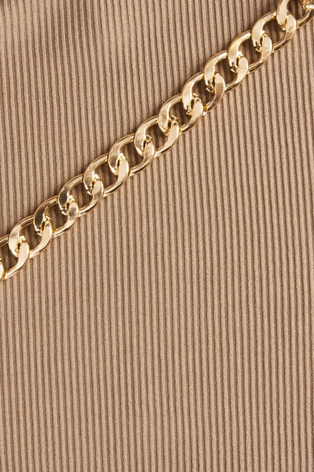 Mocha Ribbed Puff Sleeve Chain Bodysuit