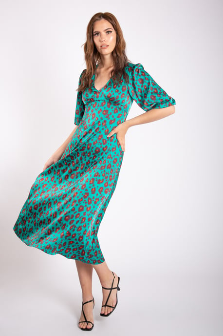 Grünes V-Ausschnitt-Shift-Midikleid mit Tiermuster - Image 3