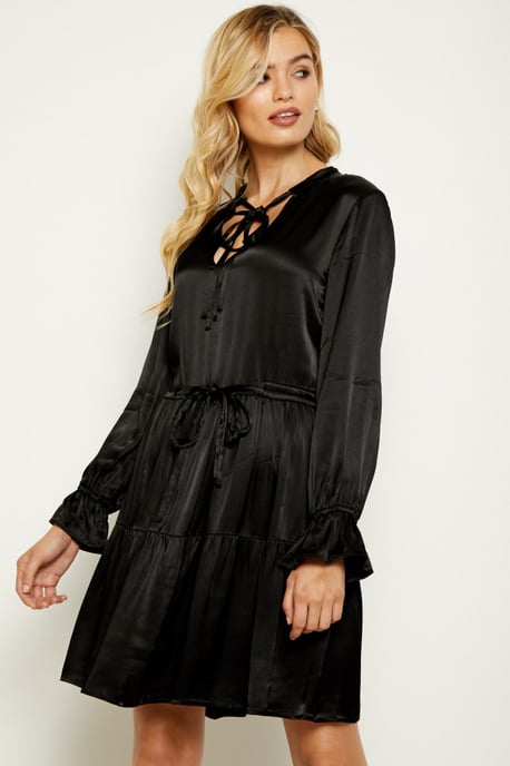 Black Drawstring Waist Tunic Dress