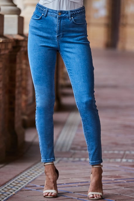 Mid Blue Braid-Detail Skinny Jeans