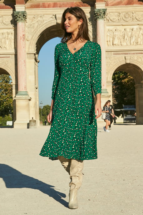 Green Animal Print Ruched Front Midi Dress