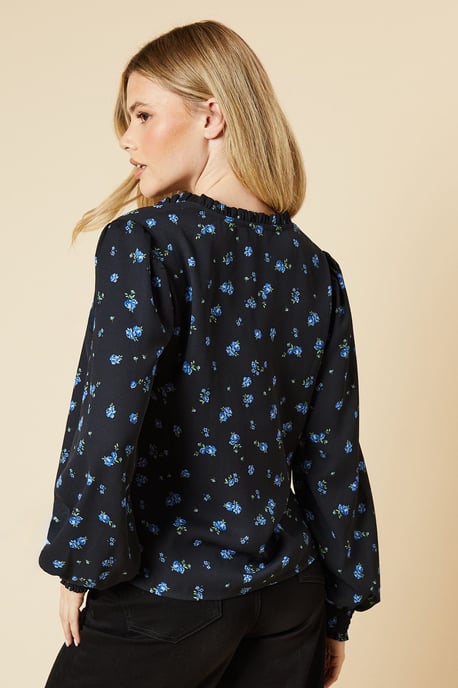 Blue Ditsy Shirred Cuff Blouse