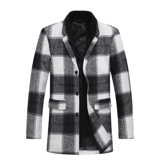 Herren Lang Slim Fit Karierter Winter Dicker Mantel mit Schalkragen Wei? - Image 1